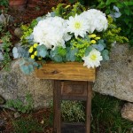 Hortensias blancas, solidago, margaritas y dalias para un día especial.